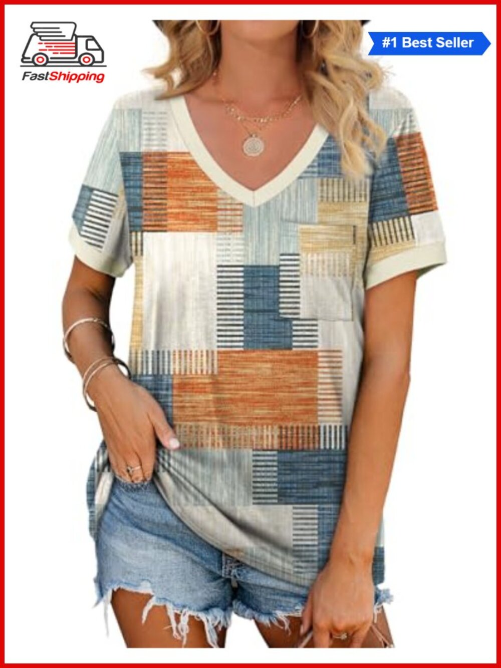 Womens V Neck Short Sleeve T Shirt with Pocket Loose Casual Summer Top